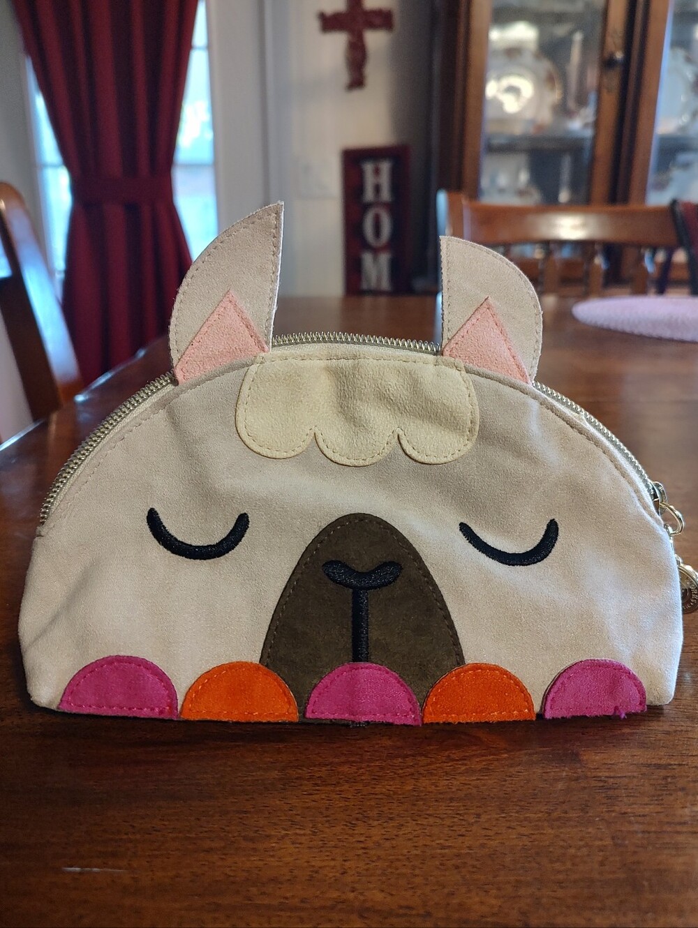 Bath & Body Works Beige Llama Zip Pouch with Pink and Orange Accents